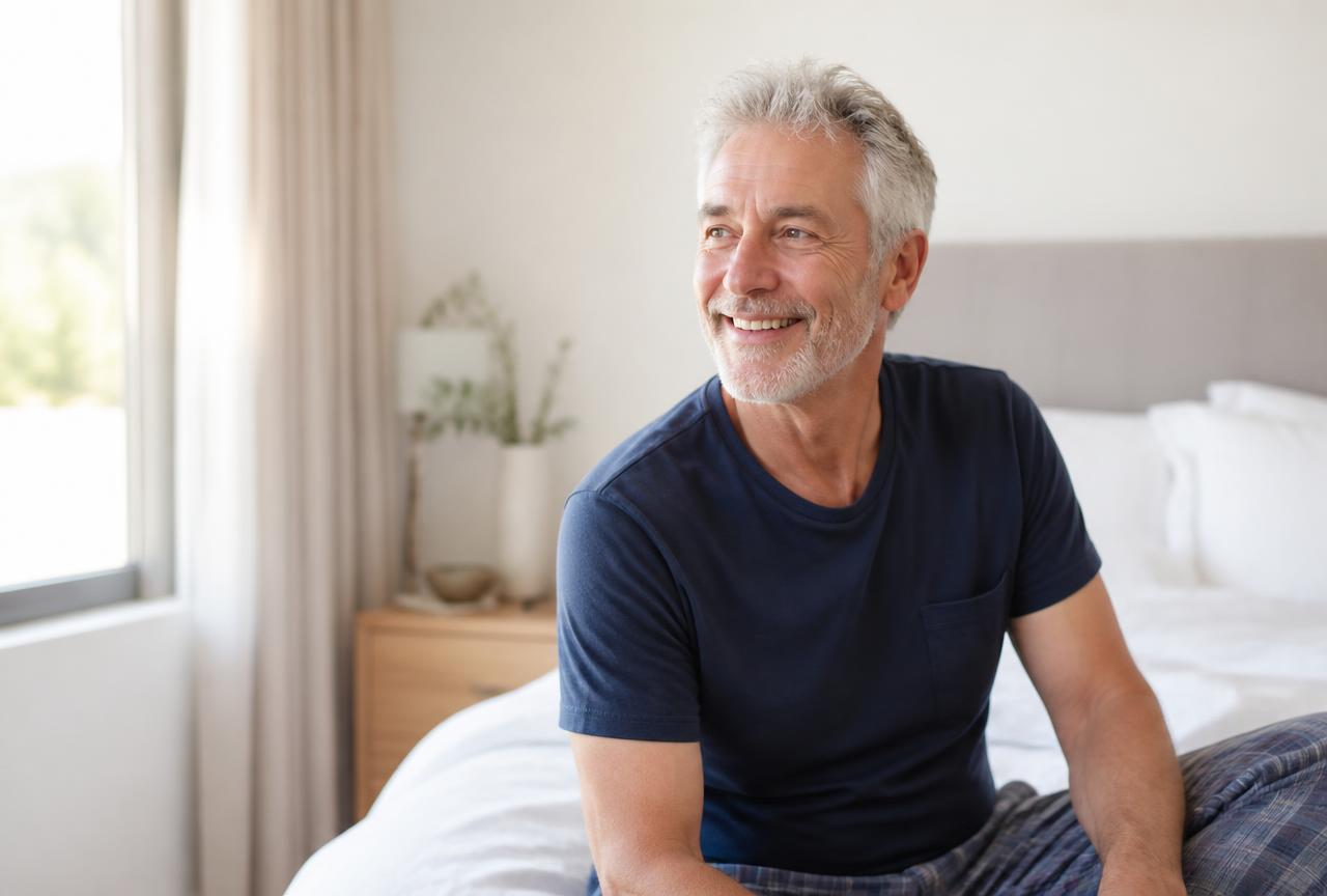 Man in his sixties waking rested in a bright bedroom after a full night's sleep