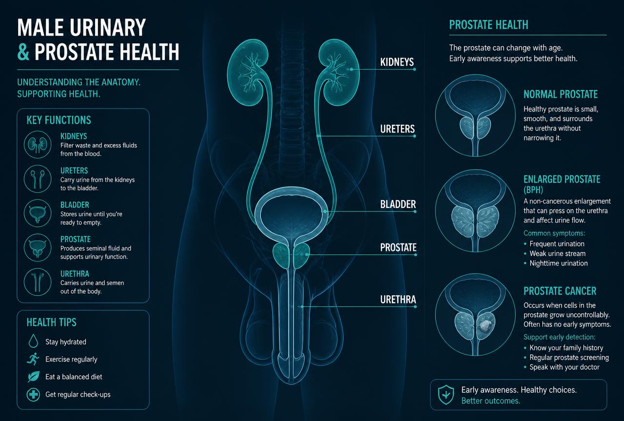 Diagram explaining male urinary and prostate anatomy, including the bladder, prostate and urethra